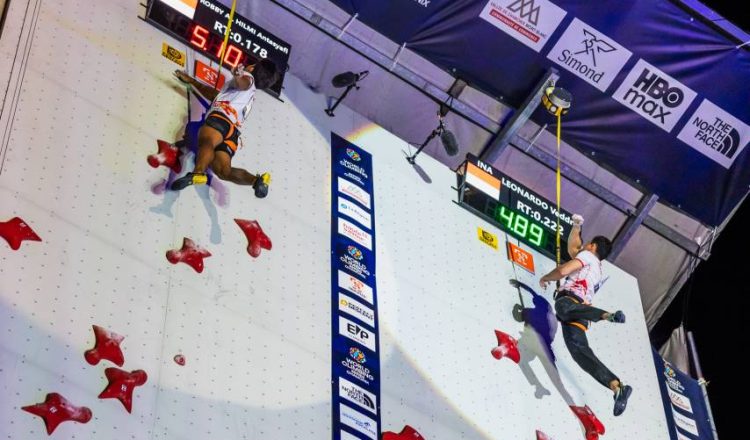 Veddriq Leonardo y Antasyafi Robby Al Hilmi en la Copa del Mundo de Escalada de Velocidad de Chamonix 2026 (Foto: Jan Virt/World Climbing).